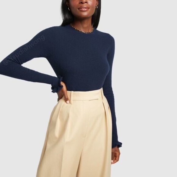 New GWYN Bunny 100% Merino Wool Ruffle Trim Sweater in Navy Blue - Picture 2 of 11